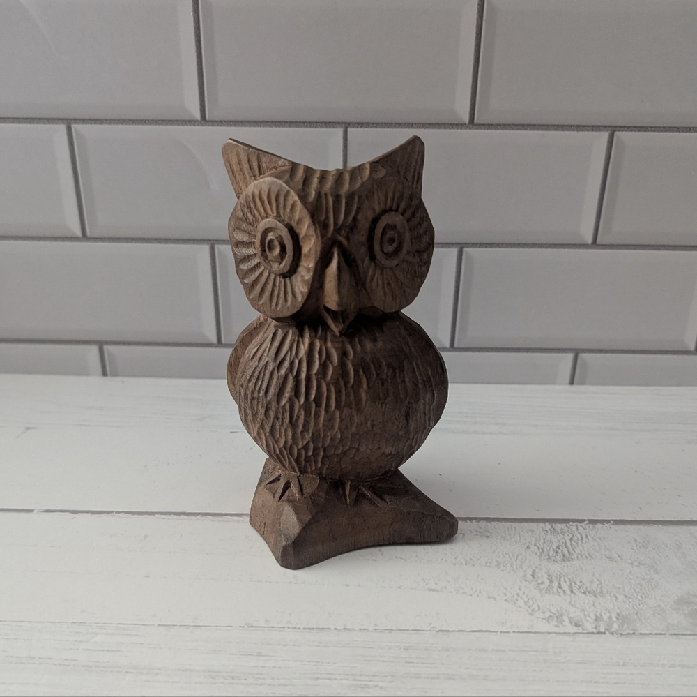 Vintage Hand carved wooden owl Figure Statuette